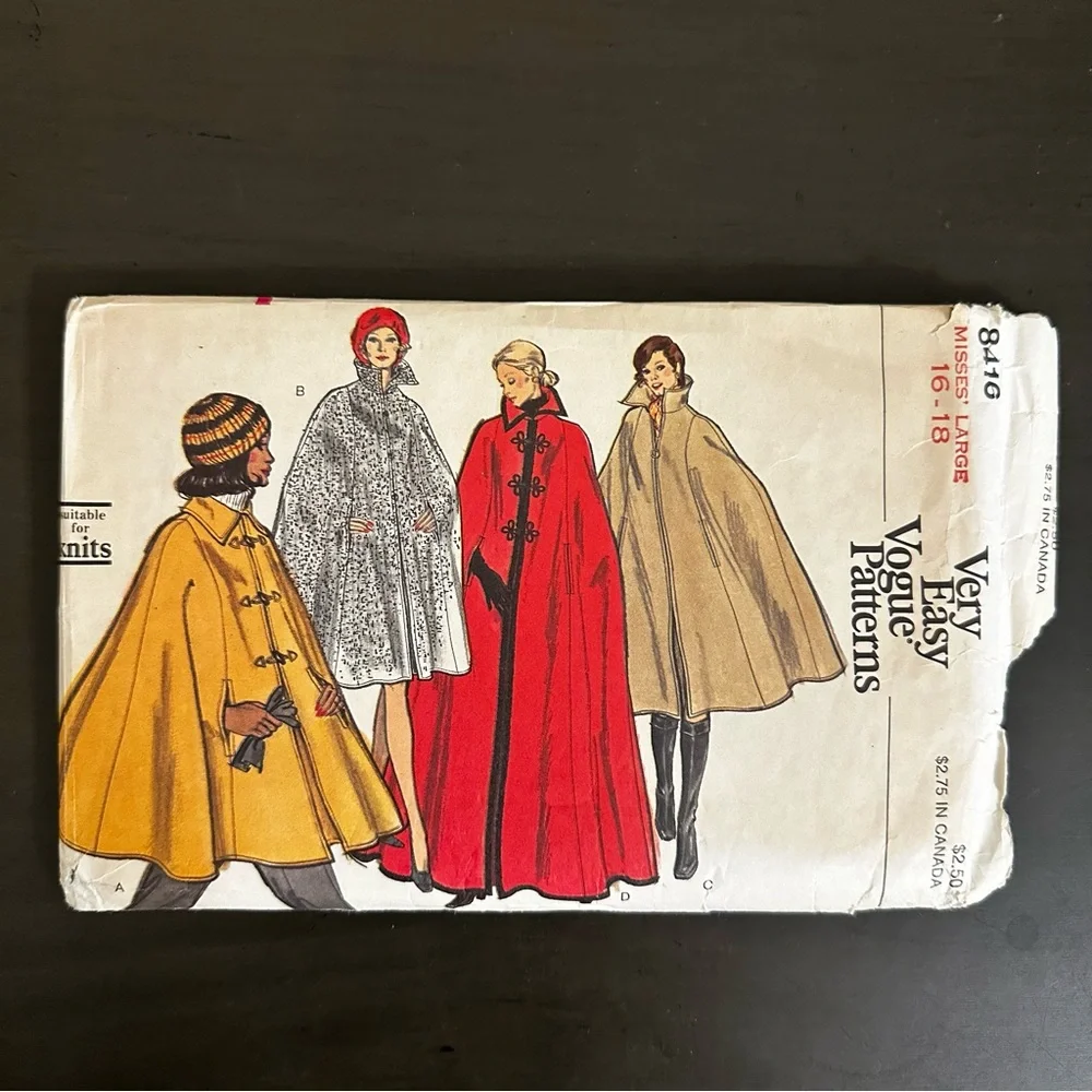 Vintage Sewing Pattern Vogue Patterns Poncho Cape Size 16-18 1960s 60s